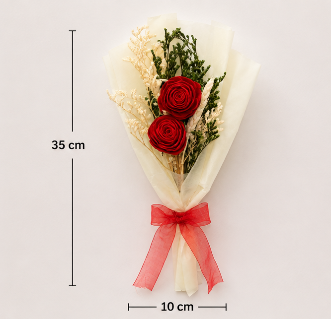 Size dimensions of the Cherivo Crimson Duo dried flower bouquet