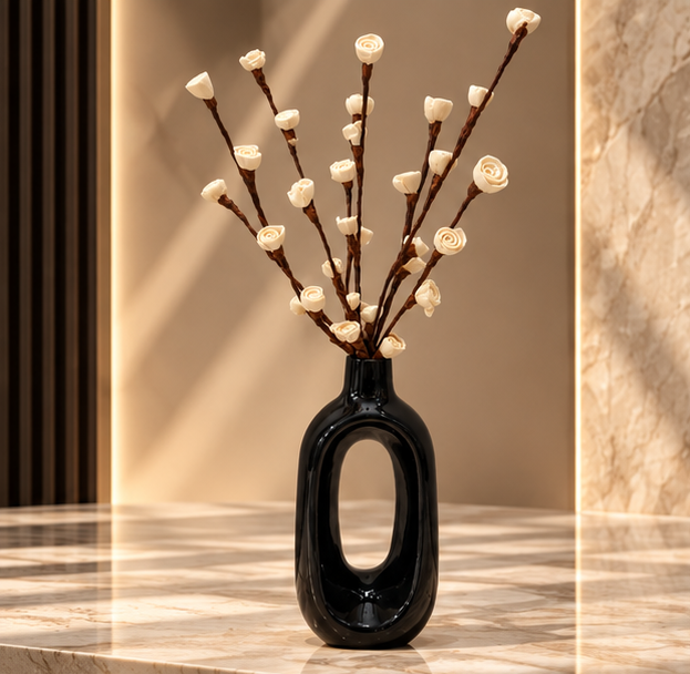 Cherivo Bloom Oval black ceramic vase front view