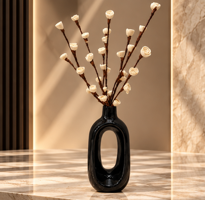 Cherivo Bloom Oval black ceramic vase front view