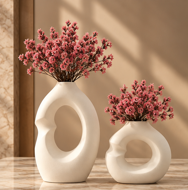 Cherivo Sculpt Set ceramic vases with pink dried flowers