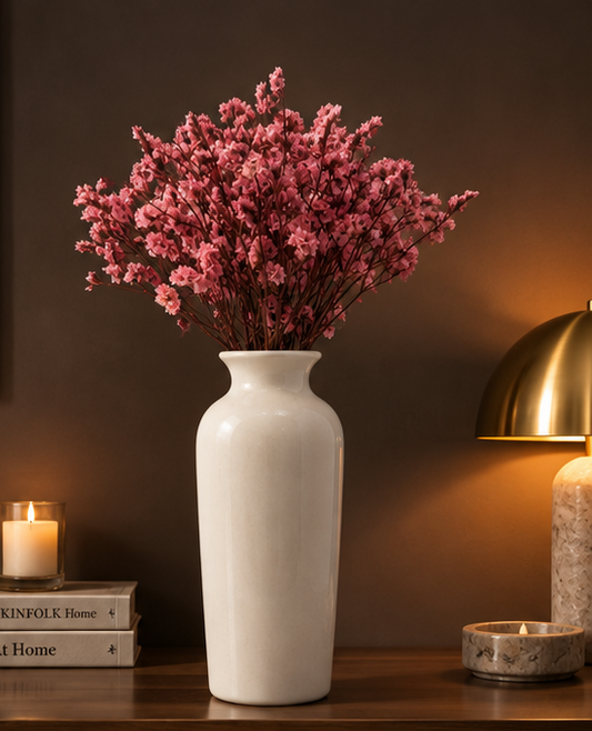 Cherivo Pink Haze tall white vase with pink dried flowers