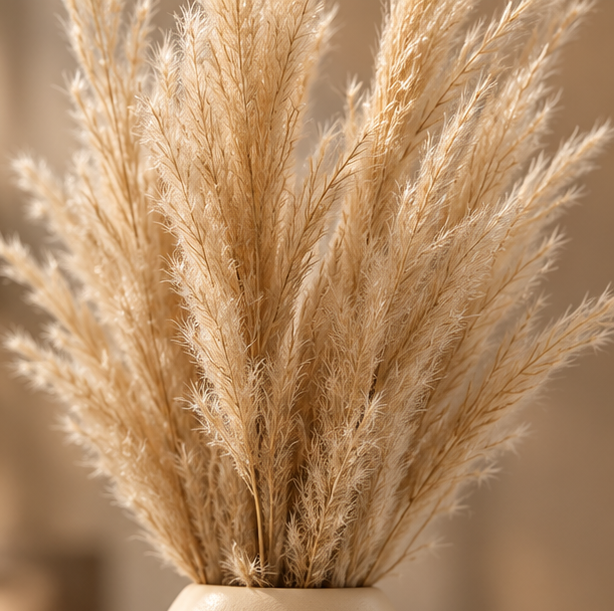 Close-up of Cherivo Earthtone vase trio dried stems