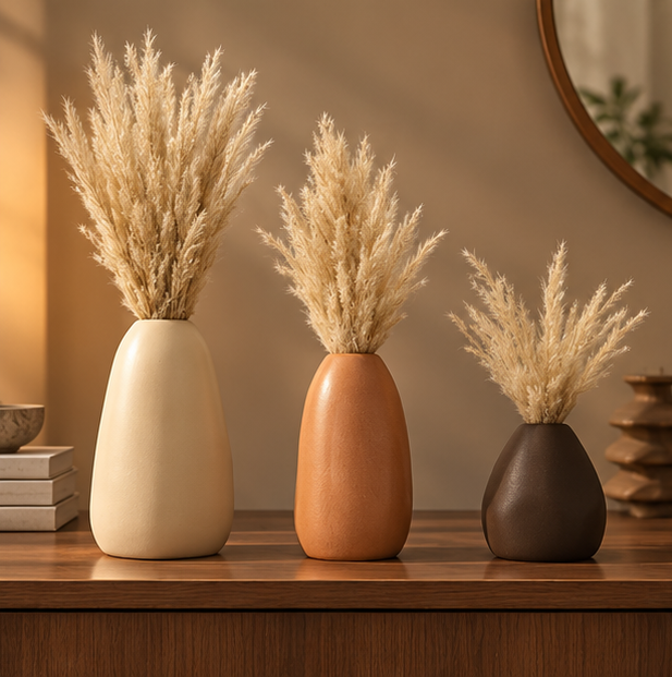 Cherivo Earthtone vase trio styled in a home decor setting