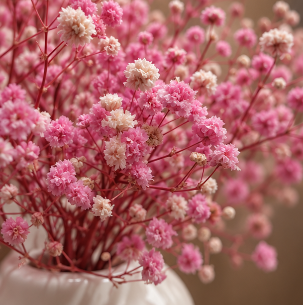 Close-up of Cherivo Venus Grace vase pink baby breath and branching