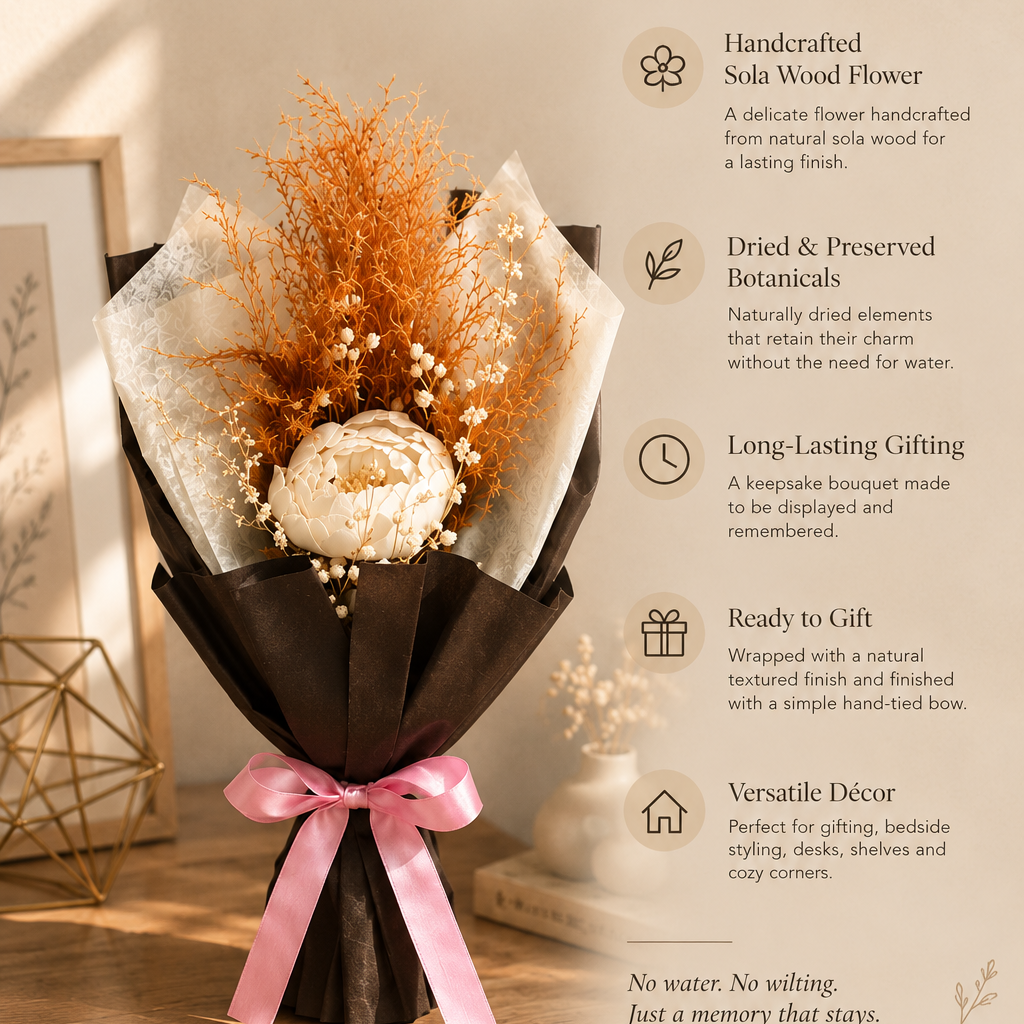 Close-up of Cherivo Blush Ember dried flower bouquet with blush and ember tones