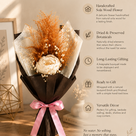 Close-up of Cherivo Blush Ember dried flower bouquet with blush and ember tones