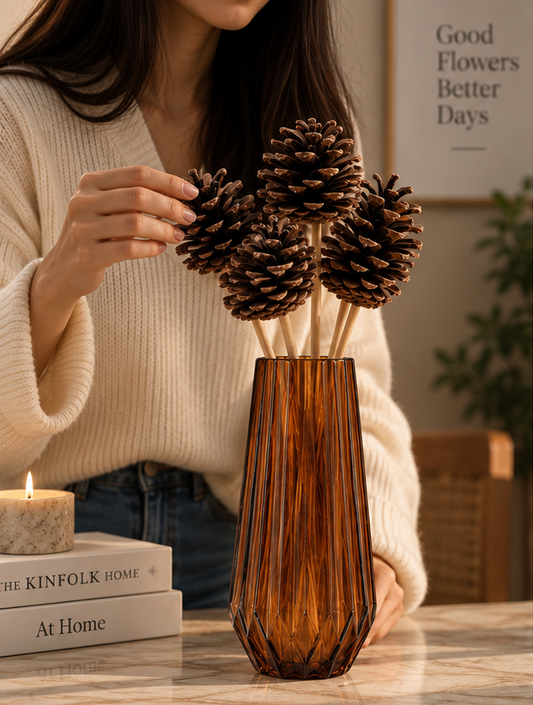 Cherivo amber glass vase with pinecone stems