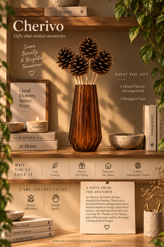 Cherivo amber glass vase styled in a home decor setting