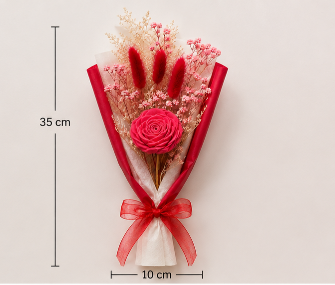 Size dimensions of the Cherivo Rose Whisper red dried flower bouquet