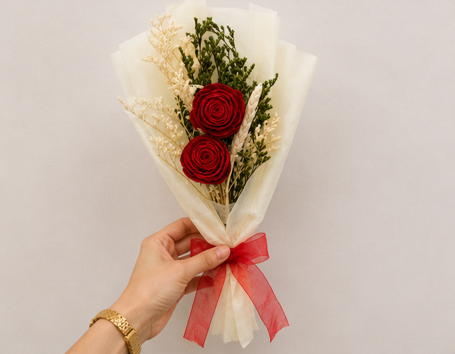Hand holding the Cherivo Crimson Duo dried flower bouquet