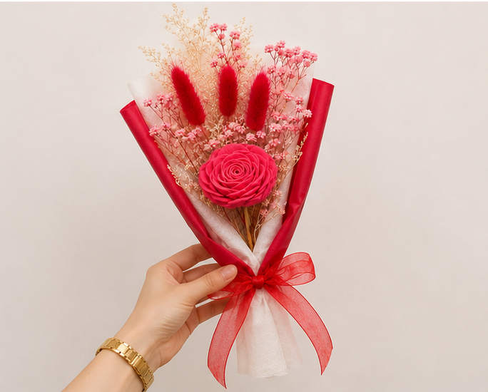 Hand holding the Cherivo Rose Whisper red dried flower bouquet