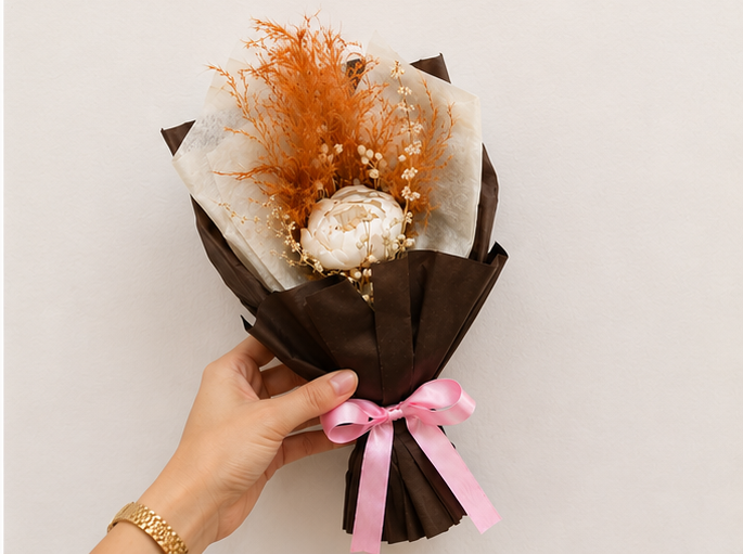 Hand holding the Cherivo Blush Ember dried flower bouquet