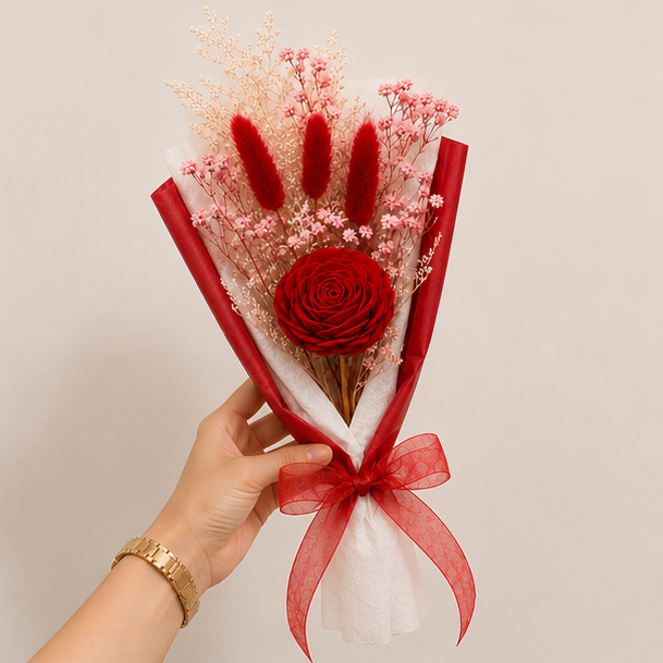 Hand holding the Cherivo Rose Whisper dried flower bouquet