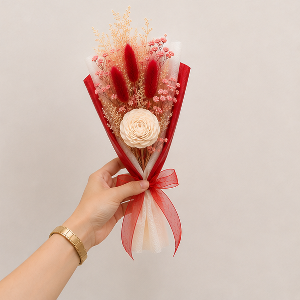 Hand holding the Cherivo Rose Whisper Purple Crystal Breath bouquet