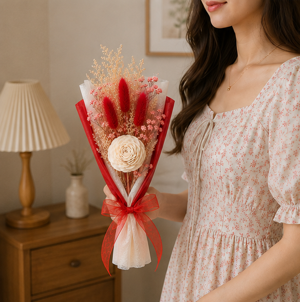 Woman holding the Cherivo Rose Whisper dried flower bouquet