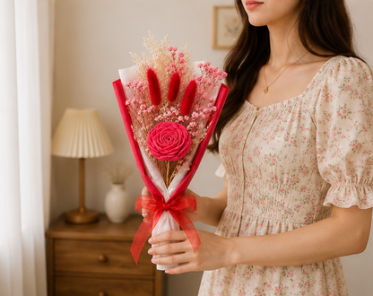 Woman holding the Cherivo Rose Whisper red dried flower bouquet