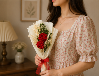 Woman holding the Cherivo Crimson Duo dried flower bouquet