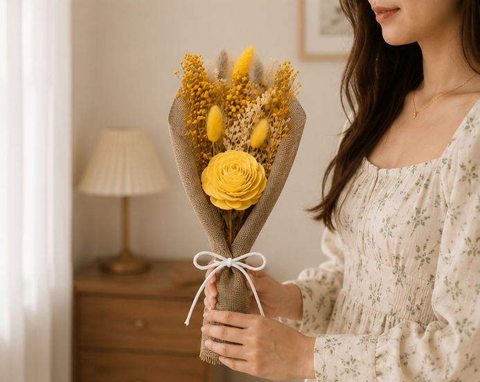 Woman presenting the Cherivo Sunlit Meadow dried flower bouquet as a gift