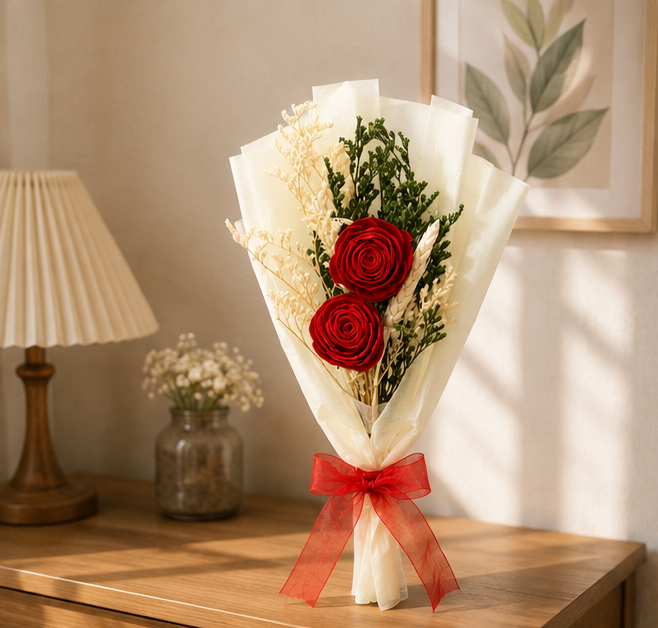 Cherivo Crimson Duo dried flower bouquet styled in a room