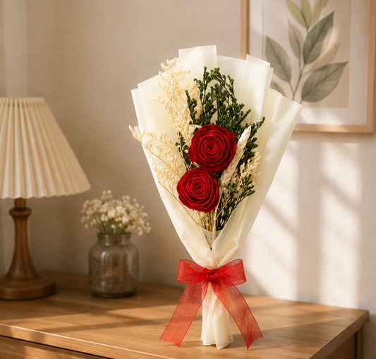 Cherivo Crimson Duo dried flower bouquet styled in a room