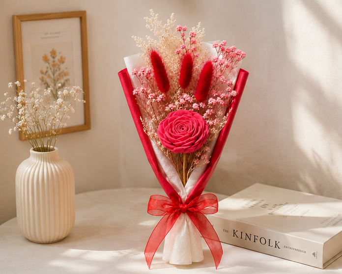 Cherivo Rose Whisper dried flower bouquet in red variant styled in a room