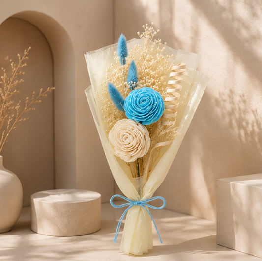 Cherivo Azure Bloom dried flower bouquet with blue and cream tones styled in a room