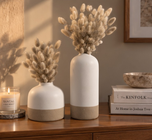 Cherivo Sahara two-tone ceramic vase set with natural bunny tails